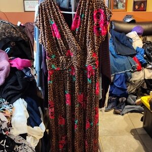 IMAN Leopard Print Long Sleeve Dress with Pink Floral Design